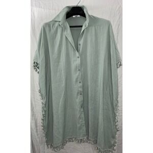 Aimage Button‎ Down Cover Up Womens Medium Green Tassel Trim Oversized Beachwear